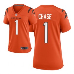 Cincinnati Bengals # 1 Ja'Marr Chase 2021 NFL Draft Femmes Jeu Maillot - Orange